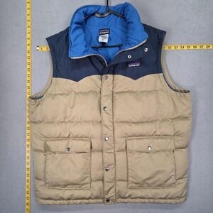 Patagonia Bivy Down Vest Mens XL Beige Blue Snap Puffer Insulated Pockets